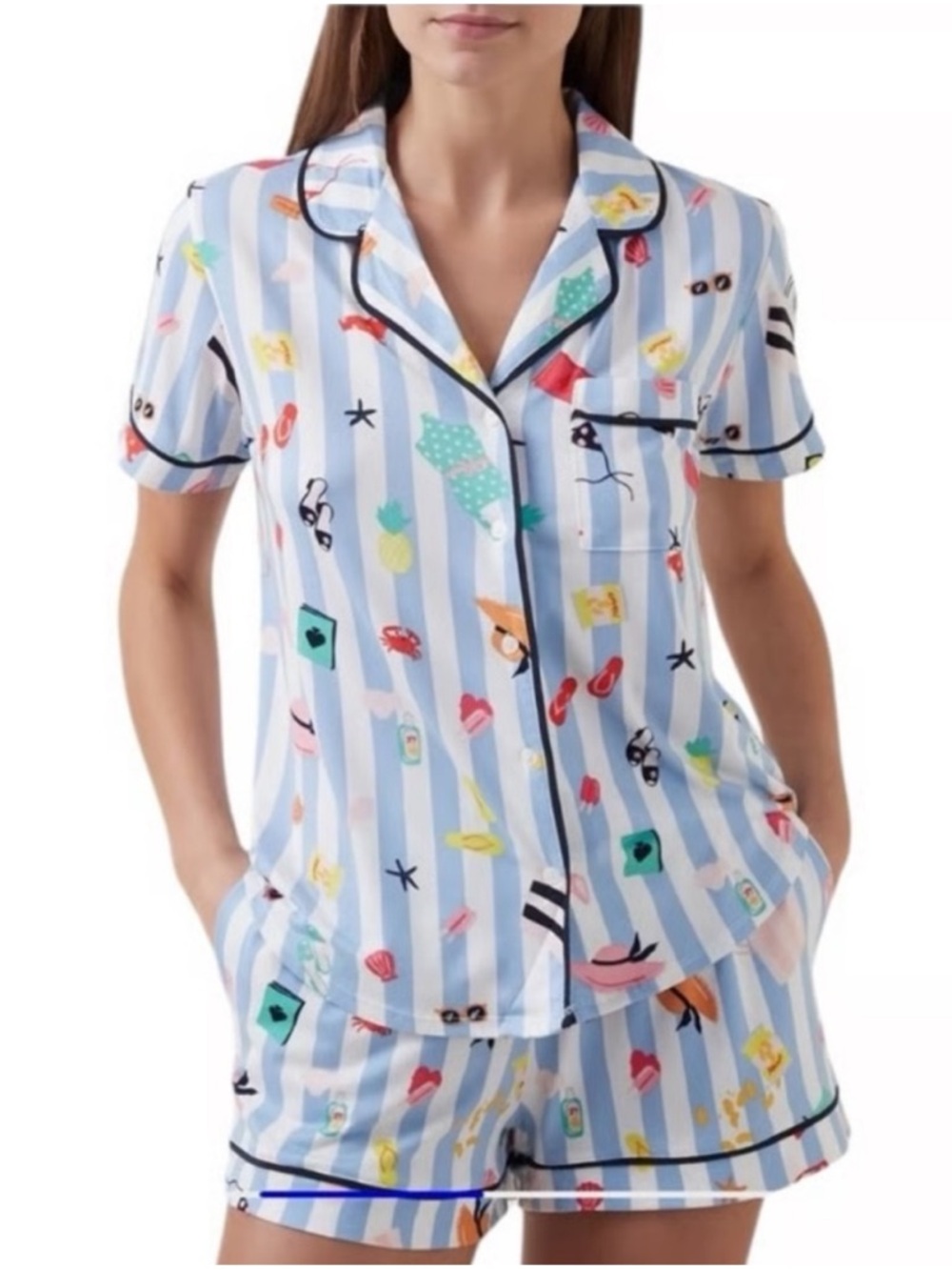 KATE SPADE NEW YORK Cabana Blue White Stripe Summer Beach Pool Pajama Set M Med
